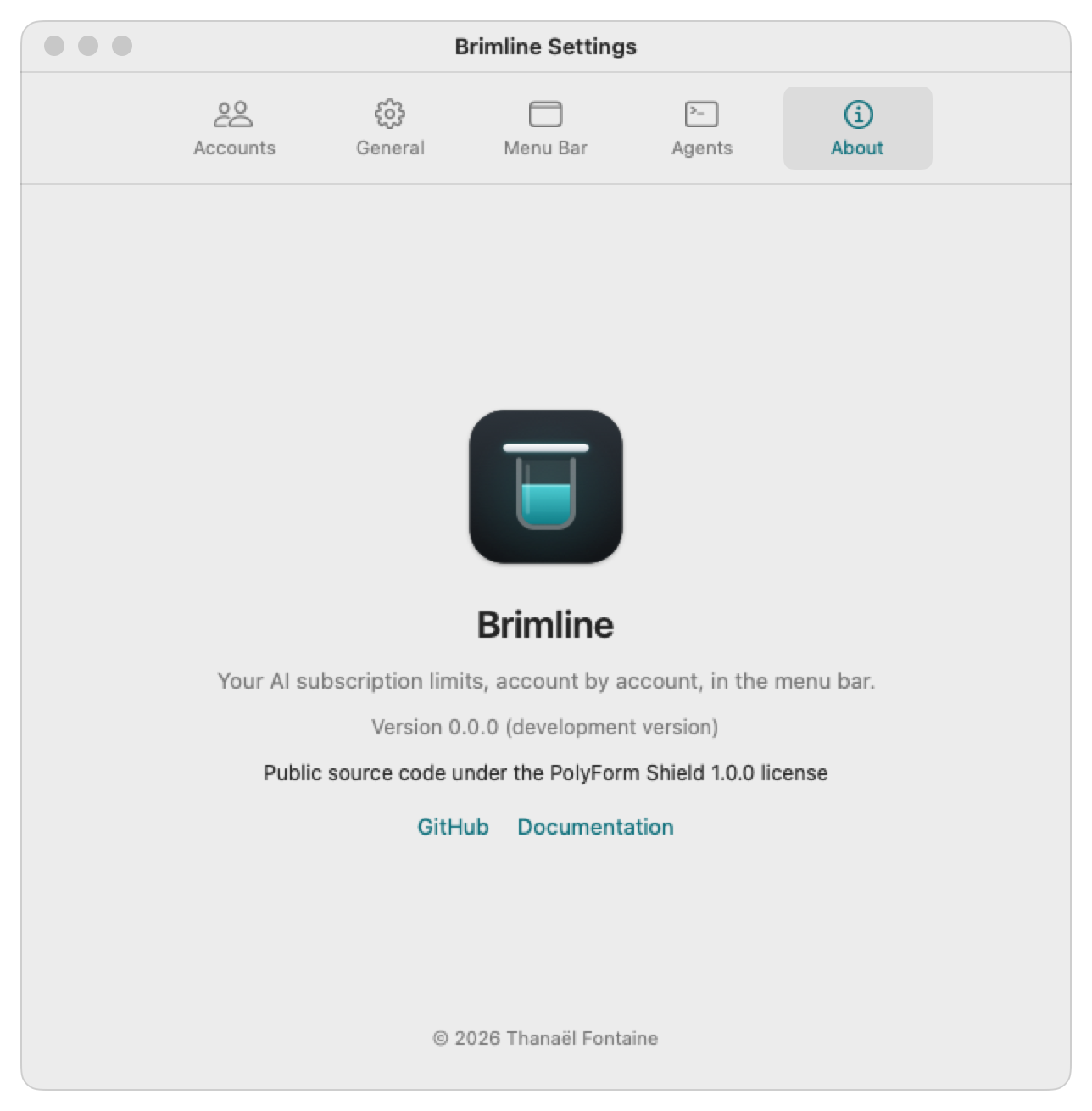 The About tab of the Brimline settings: the app icon, the name, the version (a development build), Public source code under the PolyForm Shield 1.0.0 license, and links to GitHub and the documentation.