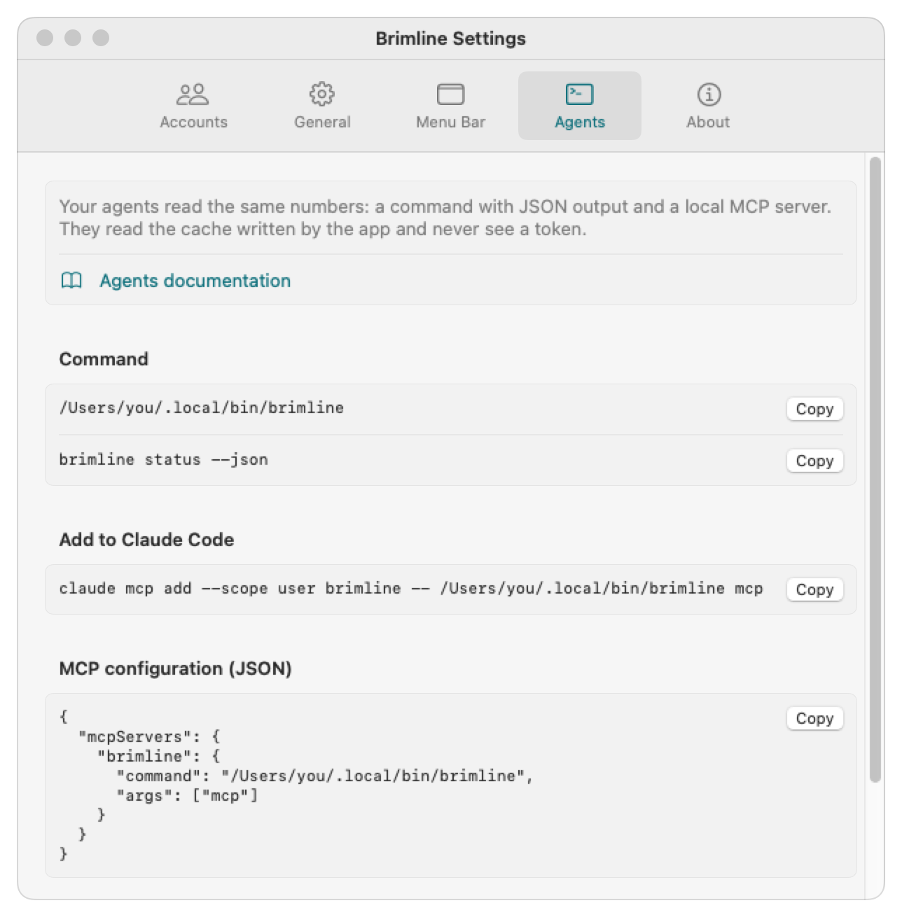 The Agents tab of the Brimline settings: a link to the agents documentation, the path of the command, the line to add Brimline to Claude Code, and the MCP configuration in JSON, each with a Copy button.
