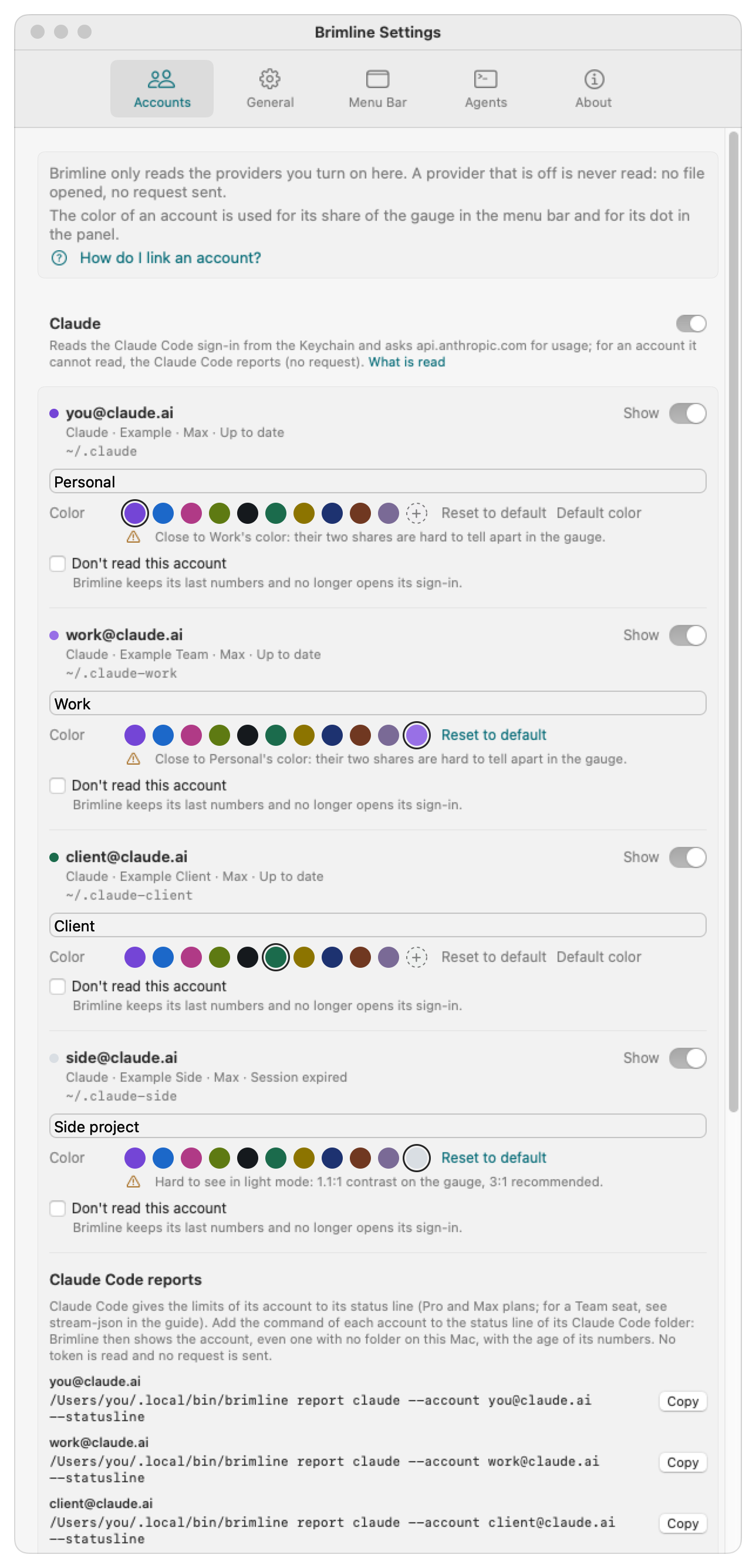 The Accounts tab of the Brimline settings with four example Claude accounts. Under each one, a Color line: the ten colors of the palette, a button to pick another color, and Reset to default. Two accounts show a warning that their colors are close, another that its color is hard to see in light mode. Below, a Claude Code reports block with the command to copy for each account.