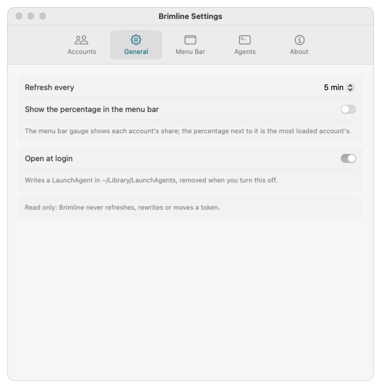 The General tab of the Brimline settings: Refresh every 5 min, Show the percentage in the menu bar (off) with the note “The menu bar gauge shows each account's share; the percentage next to it is the most loaded account's.”, and Open at login (on).